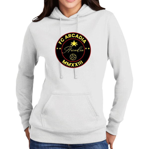 Port & Company ® Ladies Core Fleece Pullover Hooded White Sweatshirt with FC Arcadia DTF PRINTED LOGO Thumbnail